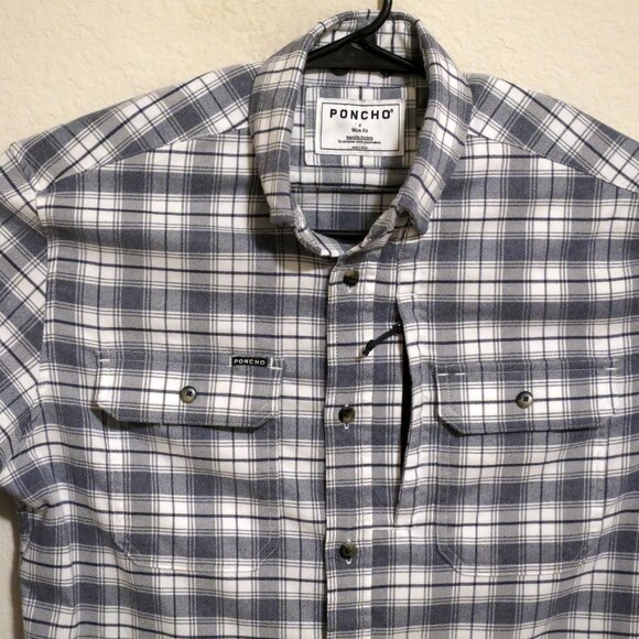 Poncho Shirt Mens Small Long Sleeve Button Flannel Slim Fit Blue White Striped - Picture 1 of 6